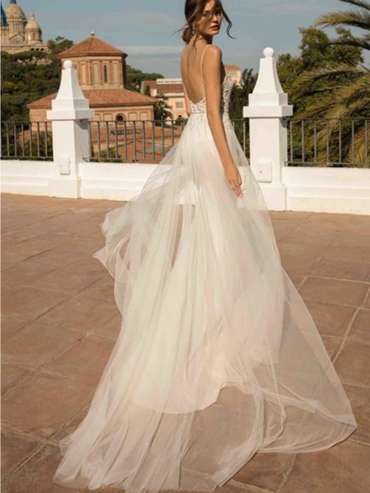 2020 Beach Wedding Dresses Spaghetti Strap Mermaid Bride Dress Backless Princess Long Wedding Gown Boho Bride Dress (1)