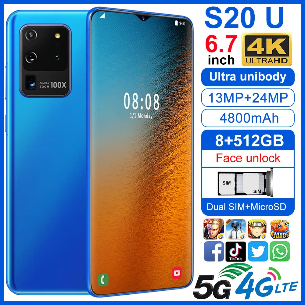 Smartphone S20U phones MTK6799 Deca core 6.7inch HD Mobile phone 1440*3040 Unlocked smartphone 8GB+512GB Camera 13MP+24MP