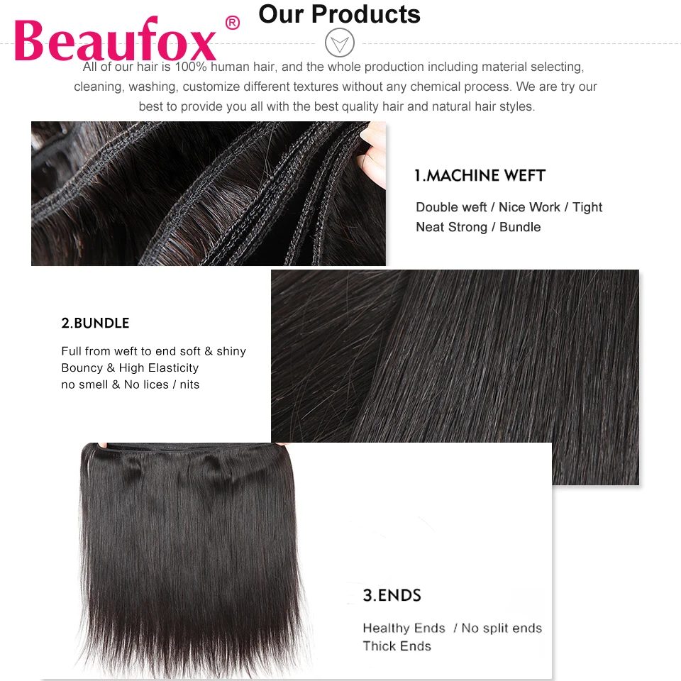 Beaufox Brazilian Hair Weave Bundles Straight Human Hair Bundles Extension Natural/Jet Black Remy 1/3/4 Pc Hair Bundles 8-30 In 2