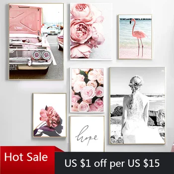 

Pink Rose Flamingo Flower Vintage Car Wall Art Canvas Painting Nordic Prints Wall Pictures For Posters Aesthetic Room Decor