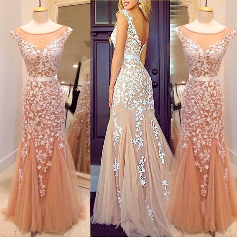 

MANSA Custom Made Floor Length Appliques Scoop Long Lace Prom Dresses Elegant Mermaid Evening Dress Vestido De Festa
