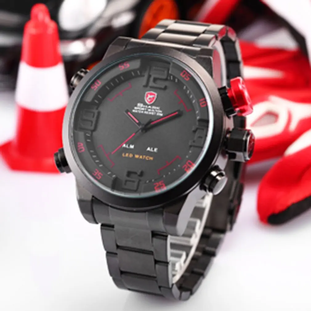 Брендовые мужские спортивные часы с изображением акулы, брендовые, Роскошные, полностью стальные, цифровые, с календарем, наручные часы, кварцевые, Relogio Masculino/SH103