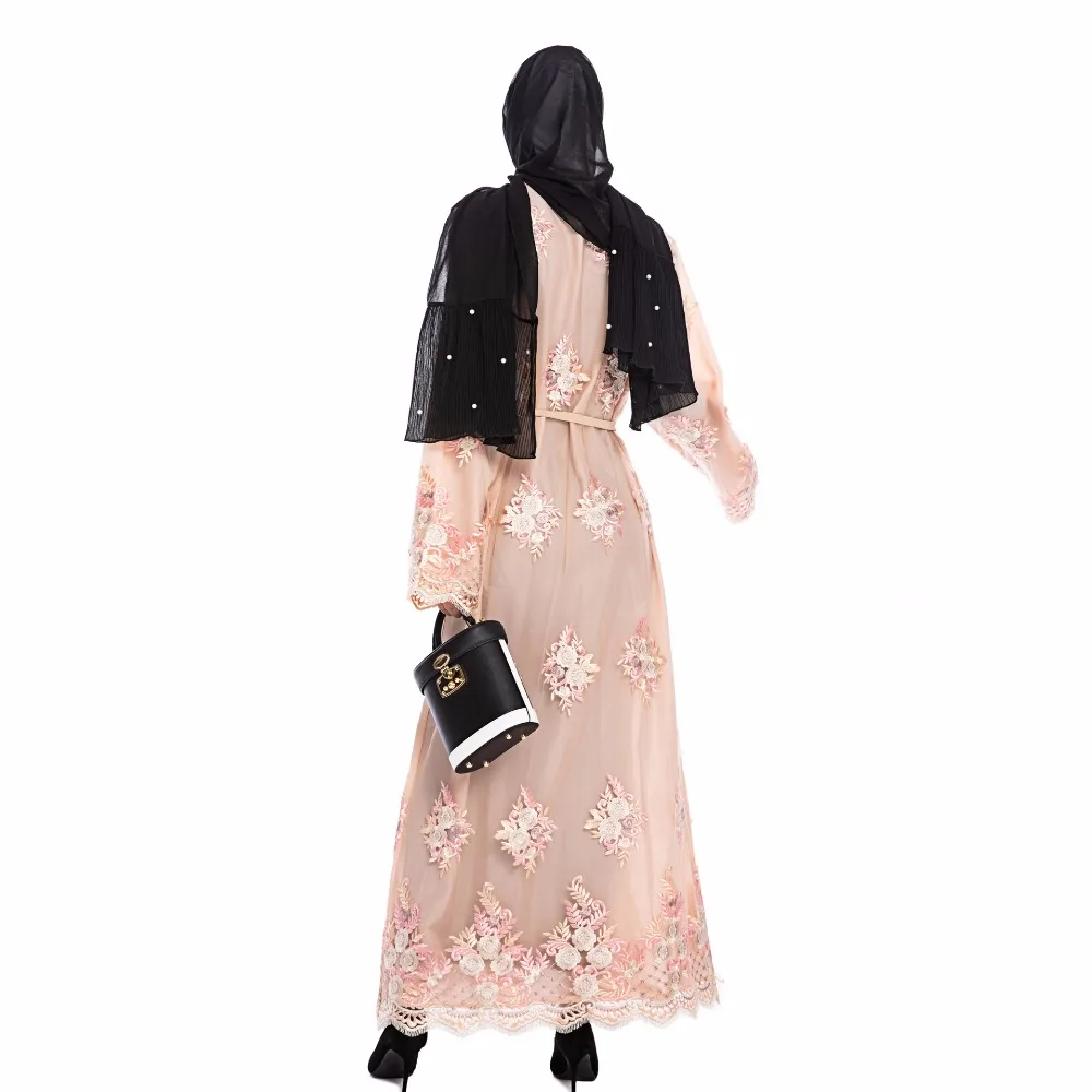 Элегантное платье в мусульманском с цветочной вышивкой abaya Макси платье длинный рукав рубашки длинные халаты кимоно Jubah Рамазан арабских aftan Исламская, молитвенная