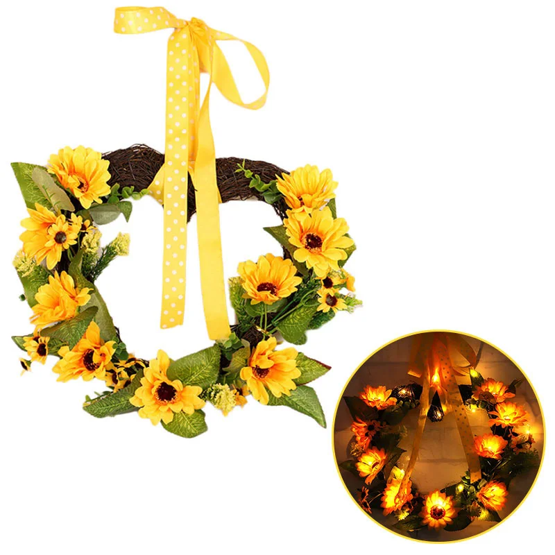 Artificial Sunflower Wreath, Heart-Shaped Greenery Springtime Flower Wreath With Yellow Sunflower For Front Door Outdoor Wall We