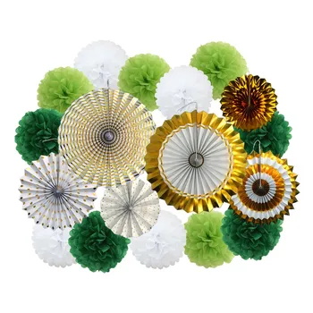 

2020 Spring Party Favor Gold Green Set Folding Hanging Paper Pom Pom Fans Baby Shower Kids Girl Boy Birthday Decoration