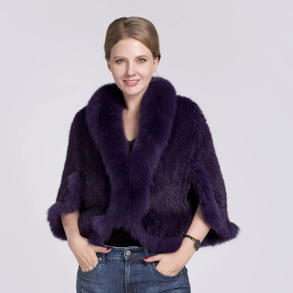purple Ms. MinShu, натуральное Норковое пончо, Лисий мех, оторочка, норковая шуба, воротник из лисьего меха, женская верхняя одежда без рукавов, тканая норковая шуба - Цвет: purple