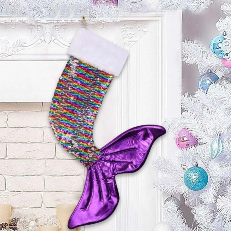

Christmas Gift Colorful Sequins Tail Design Socks Silver Mermaid Children Christmas Tree Decoration Hanging Socks Candy Bag Gift