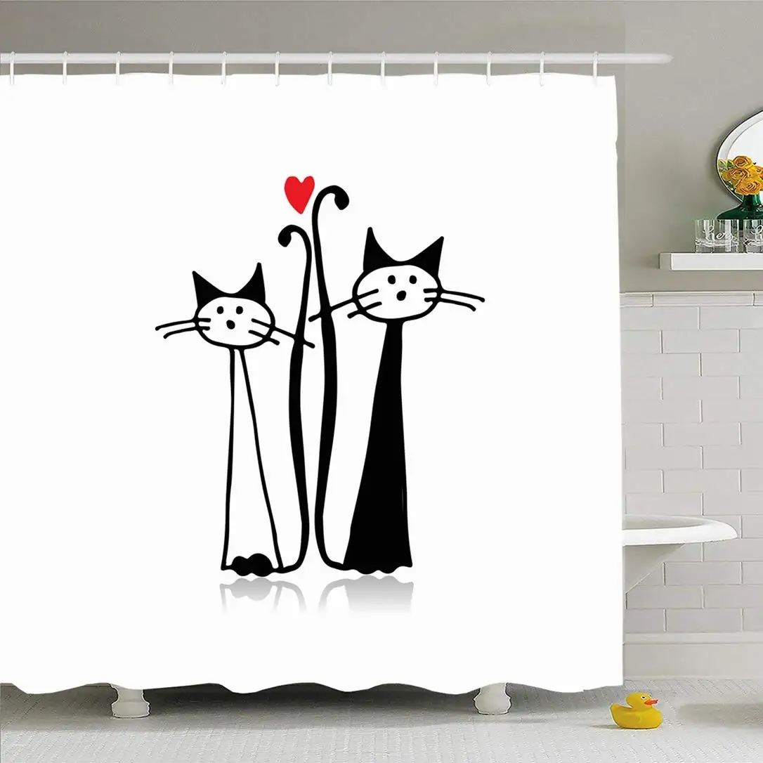Shower Curtain Set with Hooks 66x72 Valentine Kitty Couple Feline Sketch Your Design Animals Love Wildlife Signs Whisker Heart | Дом и сад