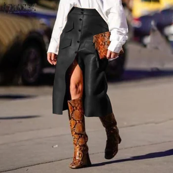 

ZANZEA Spring Faux Leather Women Skirt 2020 Stylish High Waist Office Lady Midi Pencil Mid-Calf Skirt Womens Skirt Party Jupe