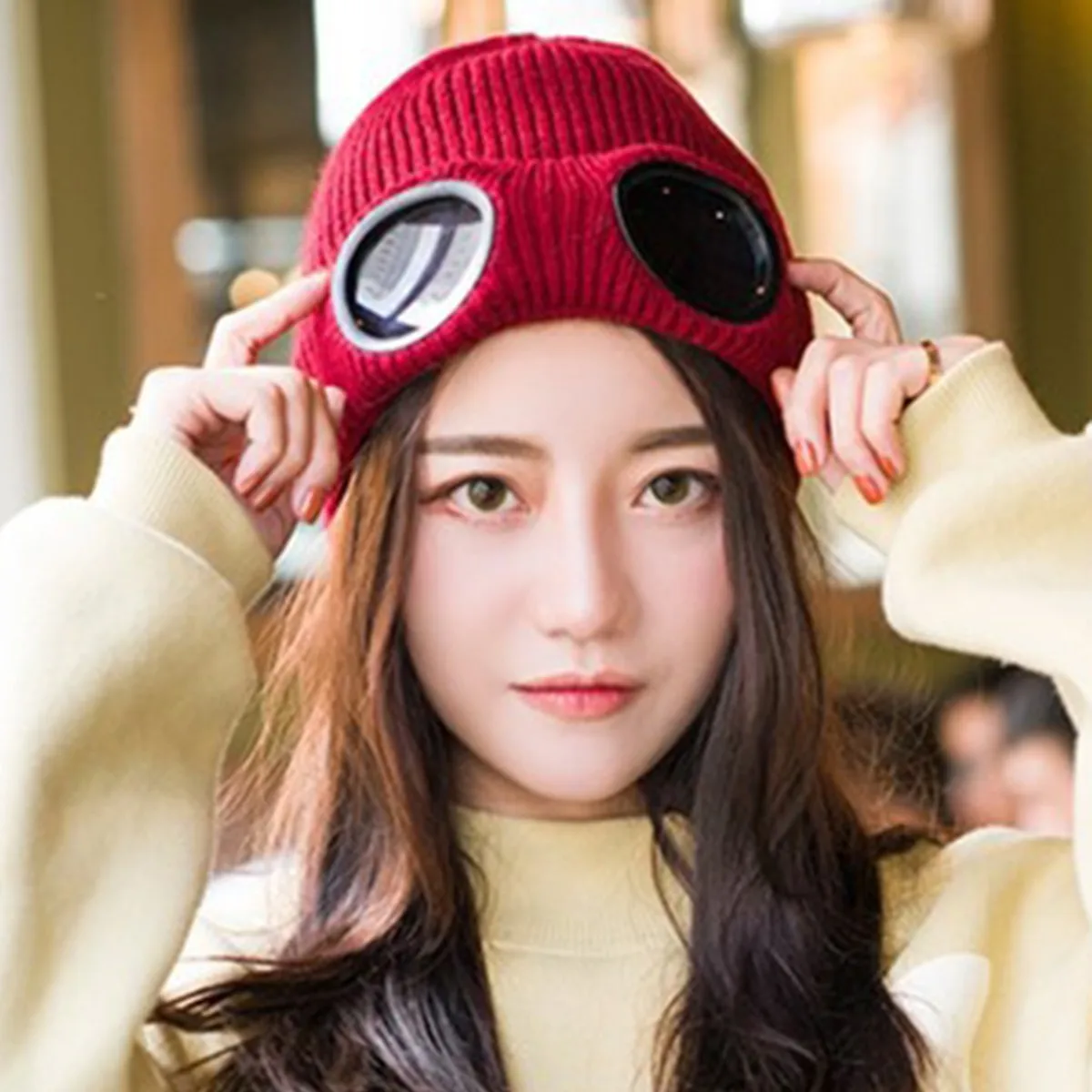 Fashion Double-use Thickened Winter Knitted Hat Warm Beanies Skullies Ski Cap with Removable Glasses for Men Women Cap