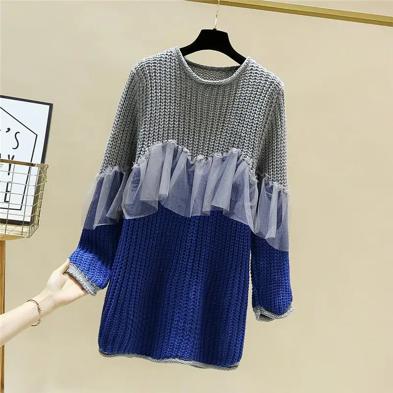 3 colors Gothic punk large size long sweater ladies striped cool openwork lace pullover sweater knit sweater