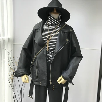 

Clearance sale High Quality 2019 Spring Black PU Leather Loose Turn-down Collar Zipper Fashion New Women's Jacket L938