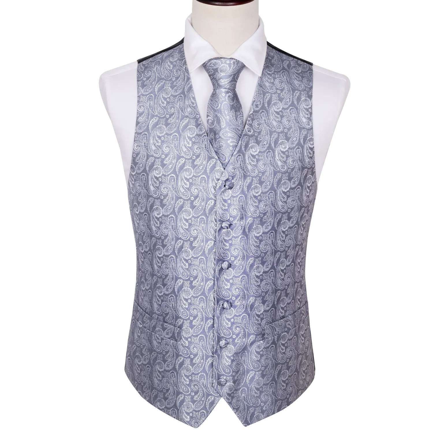 4PC Mens Silk Vest Party Wedding Sliver Paisley Solid Floral Waistcoat Vest Pocket Square Tie Slim Suit Set Barry.Wang BM-2019