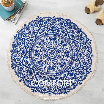 

Retro Round Carpet For Living Room Bedroom Machine Washable Cotton Linen Tassels Rug Yarn Dyed Tapestry Mat Home Decoration