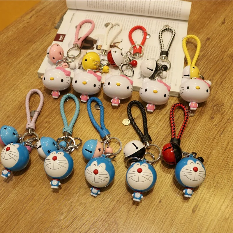 Cartoon Cute Small Balls Jingle Cats Doraemon Leather Measuring Tape Keychain Bell Keychain Pendant Purse Accessories