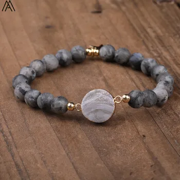 

Natural Drusy Agates Round Beads Charms Wrap Elastic Bracelet Handmade Women 10mm Black Labradorite Beads Bracelet DIY N0357AMAC