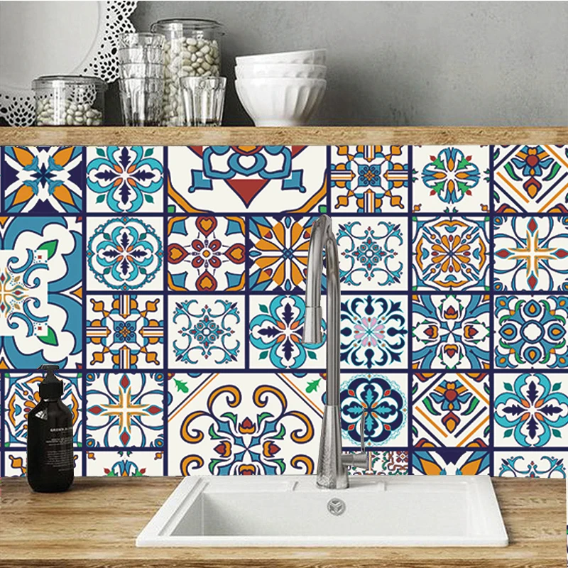 Acuarela Azul,10 x 10 cm Impermeabile Marocco Stile Adesivo da Parete Formato Autoadesivo Decorativo per Cucina Bagno Decorazioni Casa Hiser 10 Pezzi Adesivi per Piastrelle da Cucina Marmo 