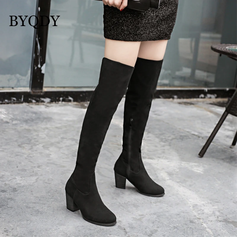 

BYQDY Woman Knee High Boots Fashion Flock Leather Thick Heels Boots Pointed Toe Winter Spring Black Botas Mujer Size 35-39