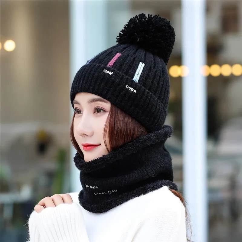 Прямая, комплект из 2 предметов для девочек, женские шапки Skullies Beanies, шапка с воротником, комплект для женщин, зимняя теплая вязаная шапка и шарф