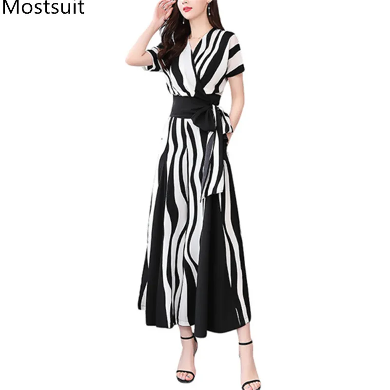 

2020 Summer Chiffon Striped 2 Piece Pants Suits Sets Women Short Sleeve V-neck Tops + Wide Leg Pants Suits Fashion Office Sets
