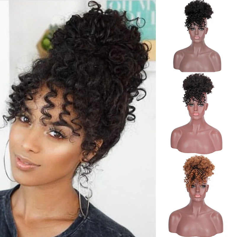 Difei Synthetic Afro Kinky Hair Chignon With Bangs Bun Curly Hair Chignon  Cord Easy Updos Clip For Black Women Hair - Synthetic Chignon(for White) -  AliExpress