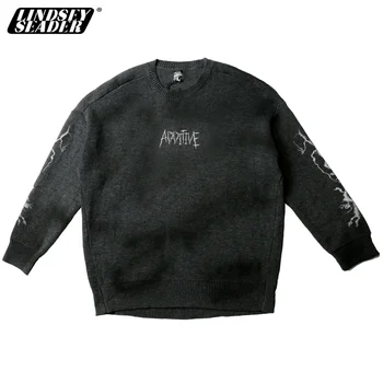 

2020 Men Hip Hop Sweater Pullover Streetwear Lightning Print Knitted Sweater Retro Vintage Autumn Sweaters Dark Style Grey