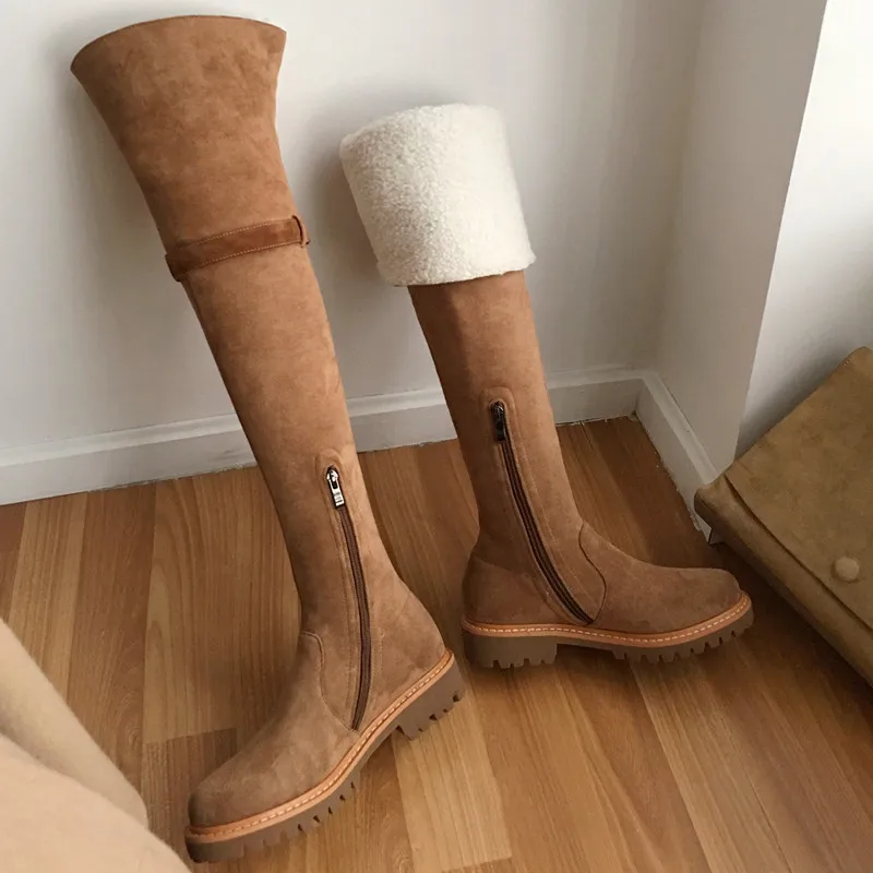 Сапоги выше колена из натуральной замши; зимние теплые высокие сапоги; Botas Mujer; повседневные облегающие высокие сапоги; женская зимняя кожаная обувь