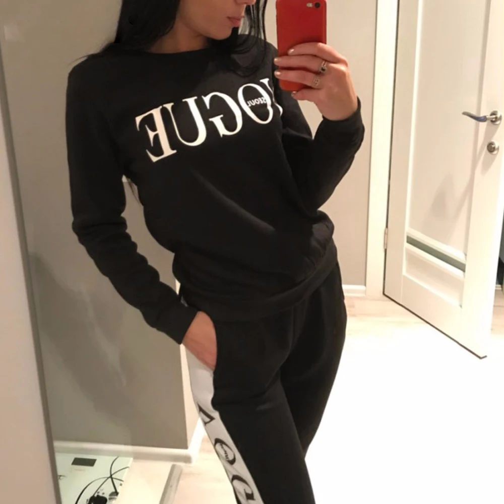 Для женщин спортивный костюм осень-зима Для женщин костюм VOGUE с принтом букв 0-образным вырезом толстовка+ Лоскутные Длинные брюки комплект из 2 частей