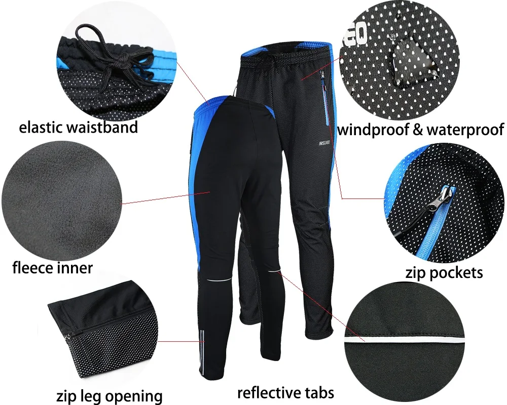 ARSUXEO Men's Winter Cycling Pants Warm Up Thermal Fleece MTB Bike Bicycle Trousers Windproof Waterproof Reflective 14AA