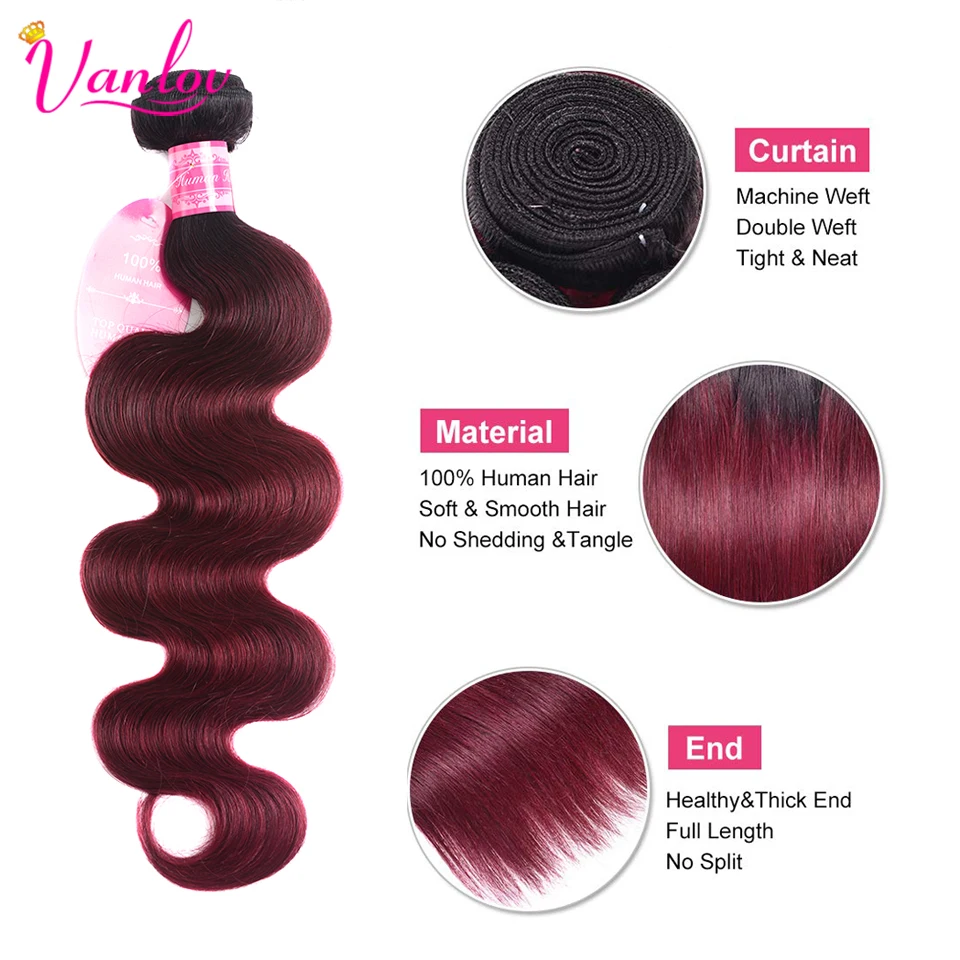 1B99J Ombre Human Hair Bundles With Closure 3 PCS Brazilian Body Wave Bundles With Closure Remy Hair 3 Bundles With Closure (3)