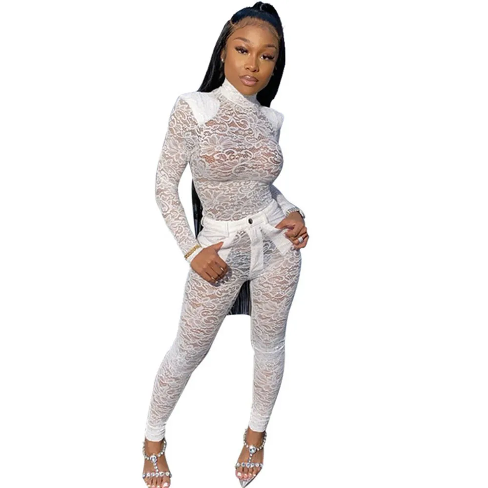 

Floral Lace Sheer Two Piece Set Women Top and Pants Festival Clothing Night Party Club Birthday Outfits Matching Sets Wholesale