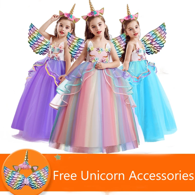 Appliques Flower Unicorn Long Dress Summer Party Kids Drsses for Girls Wedding Ceremony Princess Prom Gown Size 5-14Y | Детская одежда