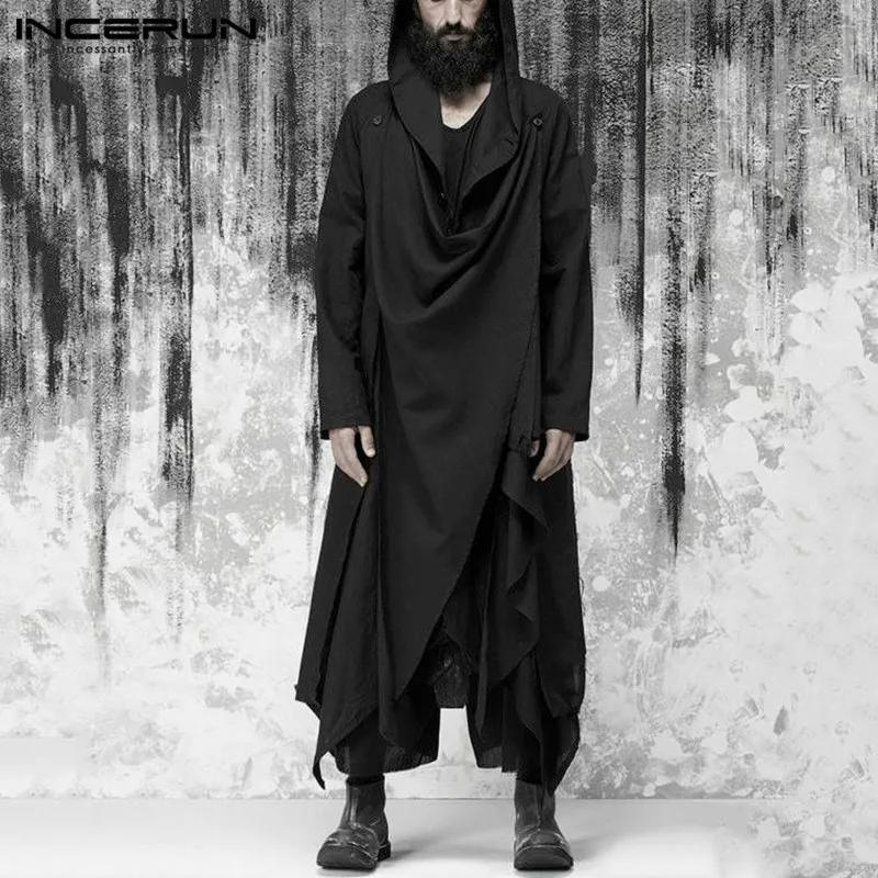 

Fashion Men Trench Hooded Solid Long Sleeve Punk Streetwear Button Irregular Coats Chic Casual Mens Cloak Jackets INCERUN S-5XL