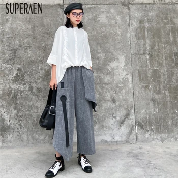 

SuperAen Europe Wide Leg Pants Women 2020 New Summer High Waist Wild Casual Ladies Ankle Length Pants Pluz Size Cotton Pants