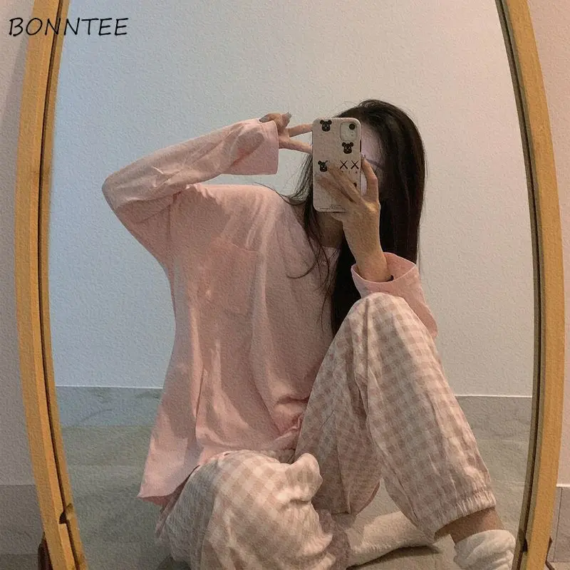 pajama sets womens spring autumn thin long sleeve solid simple o-neck plaid trousers ins korean style sweet homewear girls chic | Женская
