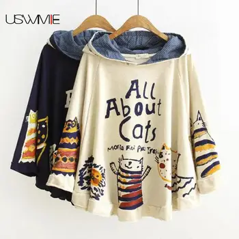

2020 Oversized Hoodie Alphabet Cat Printed Lotus Leaf Edge Womens Clothing Cape Shawl Kawaii Japan Styles Cute Warm Pullovers