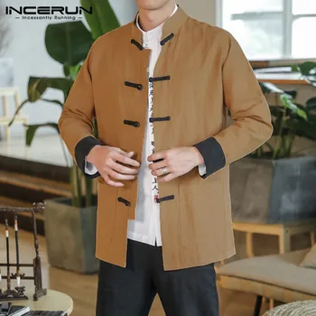 

INCERUN Chinese Style Shirt Men Cotton Vintage Tang Suit Tops Patchwork Button Long Sleeve Streetwear Mens Casual Shirts 2020