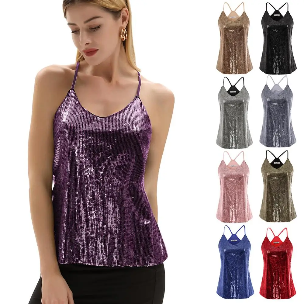 Billig Gnade Karin Sexy Top Frauen V ausschnitt Sparkle Pailletten Tank Top Sommer Spaghetti trägern Leibchen Cami Party Club Strappy Tank Clubwear