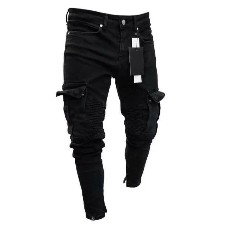 2020 de moda negro Jean hombres Denim Skinny de motorista Jeans destruidos deshilachado Slim bolsillo de carga pantalones de talla grande S-3XL de moda