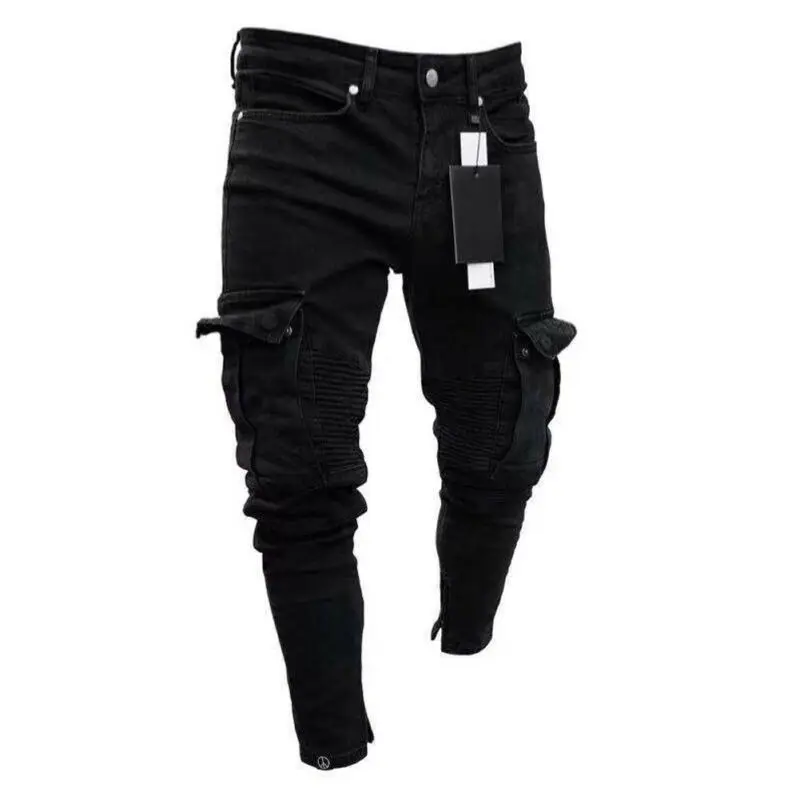 2020 de moda negro Jean hombres Skinny de motorista Jeans destruidos deshilachado Slim bolsillo de carga pantalones de talla grande S 3XL de moda|Pantalones vaqueros| - AliExpress