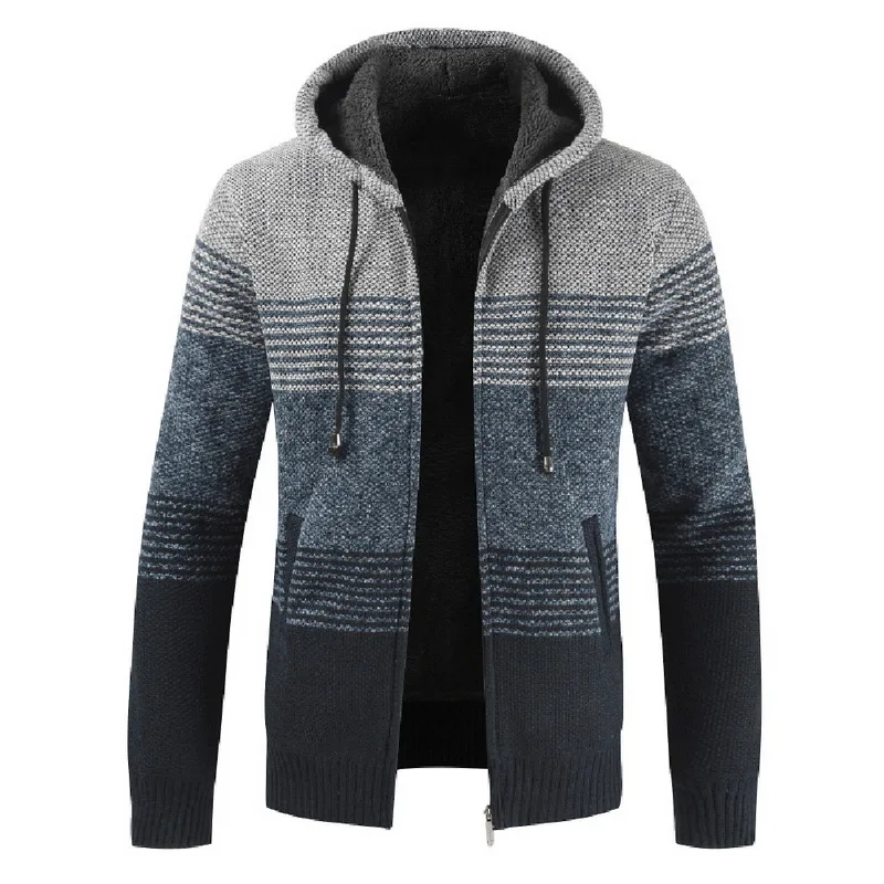 WENYUJH, модный свитер, пальто для мужчин, толстый теплый кардиган с капюшоном для мужчин, в полоску, с длинным рукавом, на молнии, флисовые пальто для мужчин, новинка зимы