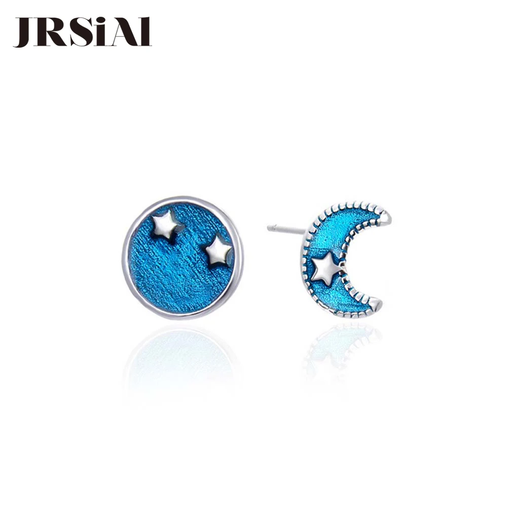 

RSIAL 925 Sterling Silver Jewelry Earring Woman Korean Earring Jewelry Dripping Star and Moon Asymmetric Earrings