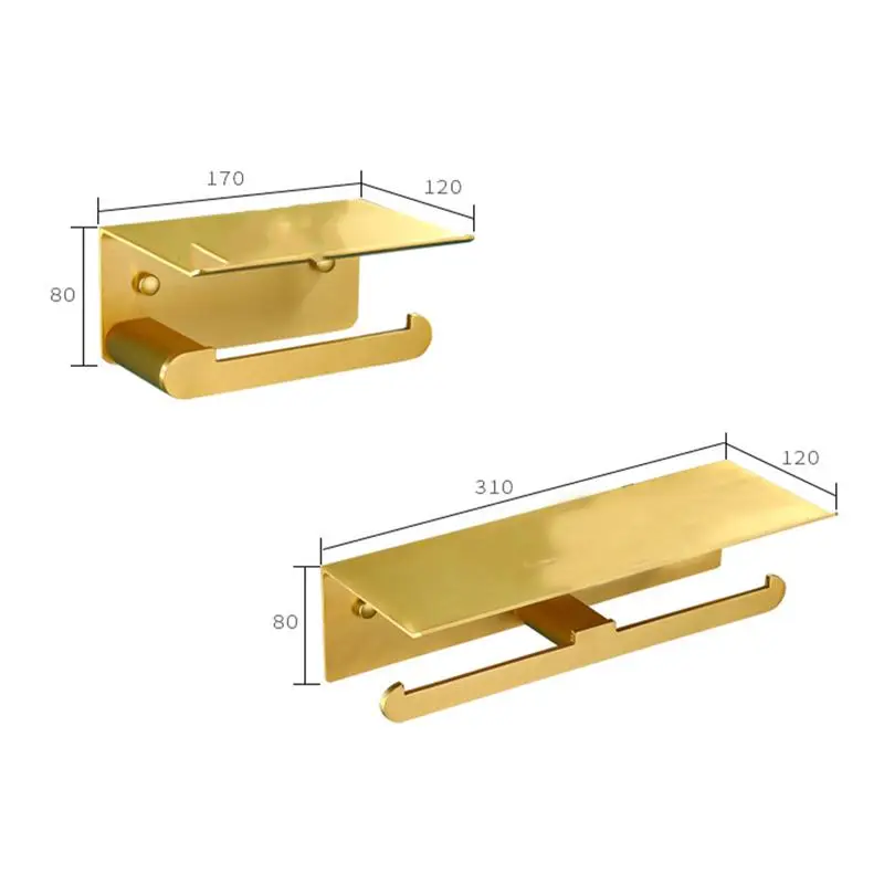 Aluminum Alloy Paper Storage Rack Towel Holder Texture Wall Mount Tissue Roll Organizer Shelf Mobile Phone Bathroom(Golden