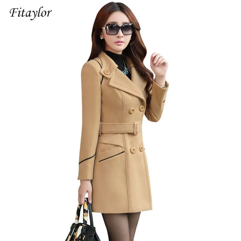 Plus Size Women Wool Blend Warm Medium Long Trench Coat Spring Winter Female Slim Double Breasted Belt Woolen Overcoat | Женская одежда