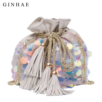 

Fashion Sequins Women Bucket Bag High Quality Drawstring Design Pu Leather Female Tassel Handbag Chains Shoulder Crossbody Bags