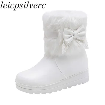 

Women Boots Winter Med Heel Warm Rabbit Hair Ankle Round Toe Snow Boots Pu Height Increasing 2019 Sexy Fashion Casual Pink Plush