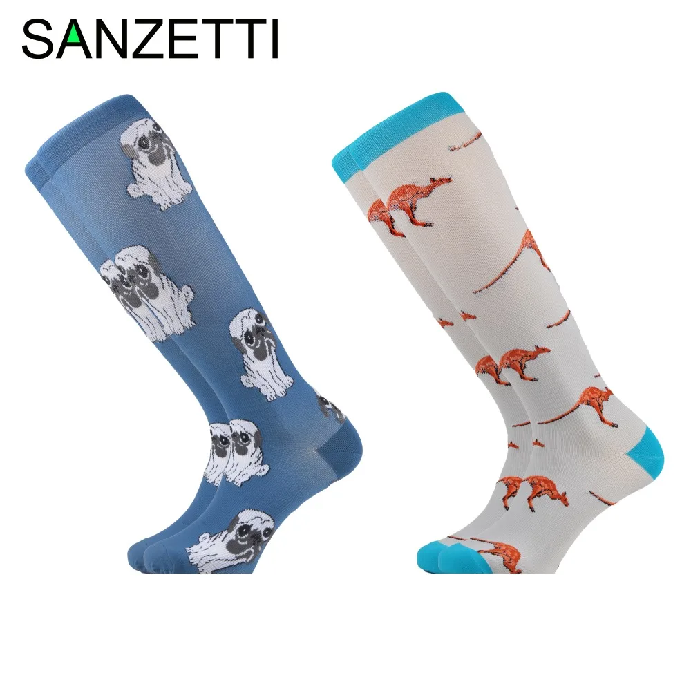 SANZETTI/2 пары в партии, женские эластичные компрессионные хлопковые носки с животным принтом, гольфы ниже колена, Длинные Веселые носки с защитой от усталости