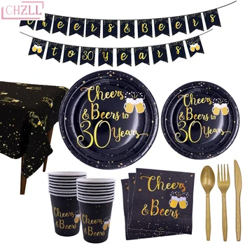 

CHZLL Gold 30th 40th 50th 60th Birthday Party Disposable Tableware Plates Banners Birthday Party Decorations Adult Party favors