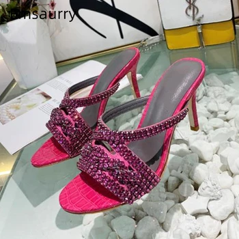

Sexy Rhinestone Party Shoes Woman Genuine Leather Thin Heel Stone Grain Open Toe High Heel Mules Runway Slippers Women