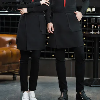 

INCERUN Unisex Waiter Uniform Aprons Pockets Solid Color Button Up Irregular Skirts Restaurant Cafe Working Skirts Chef Apron
